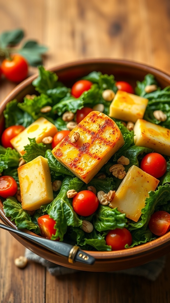 A colorful kale salad with halloumi cheese, cherry tomatoes, and nuts in a rustic bowl on a wooden table.